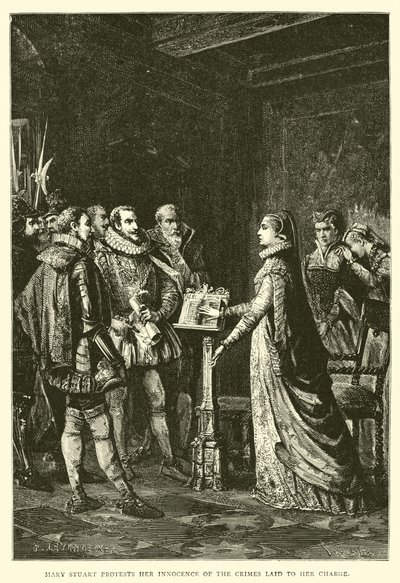 Mary Stuart protesterer på at hun er uskyldig i forbrytelsene som er anklaget for henne av English School