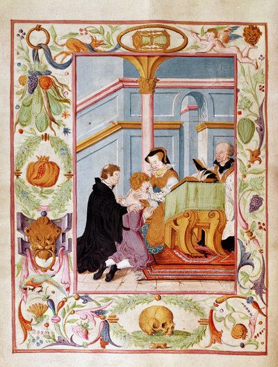 Mary Tudor (1516-58) Curing the Kings Evil (wc på papir) av English School