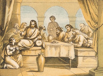 Maria salver Jesu føtter (farget gravering) av English School