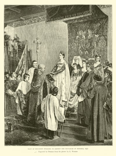 Maria av Burgund som sverger å respektere privilegiene til Brussel, 1477 av English School