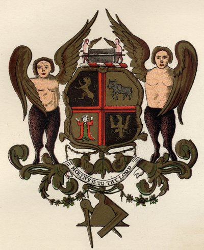 Frimurervåpen, etter et malt panel i besittelse av W.H.Y. Rylands, fra The History of Freemasonry, bind II, utgitt av Thomas C. Jack, London, 1883 av English School