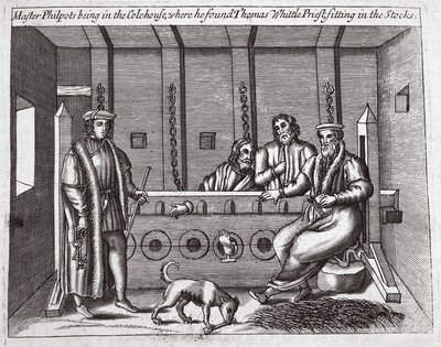 Mester Philpots var i Colehouse, hvor han fant Thomas Whittle, prest, sittende i aksjene, illustrasjon fra Acts and Monuments av John Foxe, niende utgave, pub. 1684 av English School