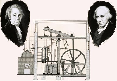 Matthew Boulton og James Watt med en av de patenterte dampmotorene av English School