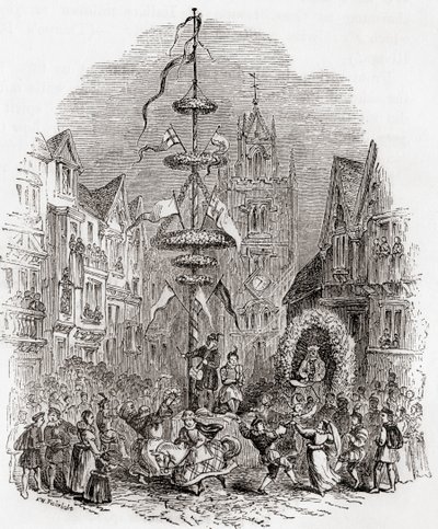 Maistangdans foran St. Andrew Undershaft Church, London, England på 1800-tallet. Fra Old England: A Pictorial Museum, publisert 1847. av English School
