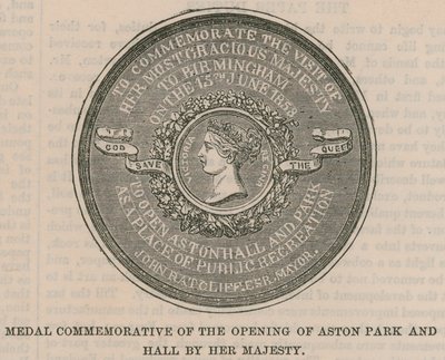 Medalje til minne om åpningen av Aston Park og Hall av Hennes Majestet av English School