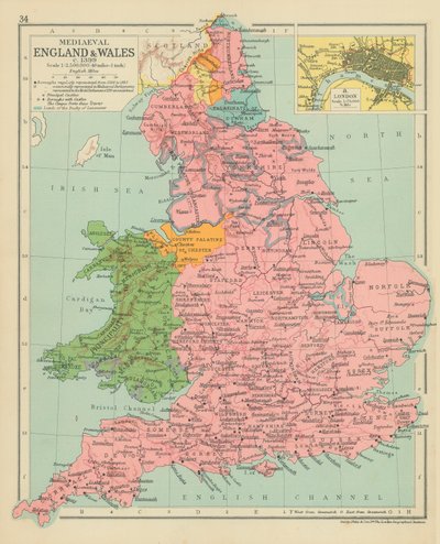 Middelalderens England og Wales ca. 1399 (fargelitografi) av English School