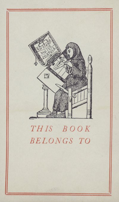 Middelalderskribent jobber med et manuskript, bokeierskapsetikett (farge litho) av English School