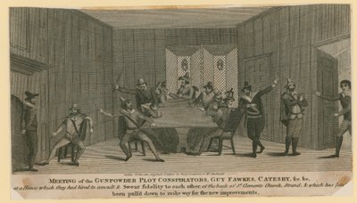Møte med Gunpowder Plot-konspiratørene, Guy Fawkes, Catesby, etc av English School