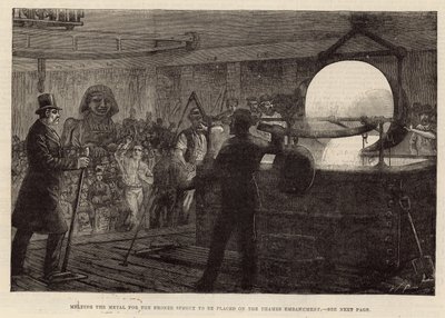 Smelting av metallet til bronsesfinksen som skal plasseres på Themsen-elven (gravering) av English School