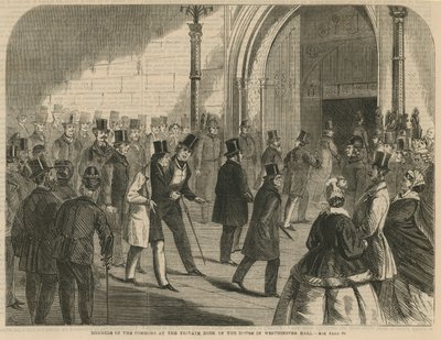 Medlemmer av Commons ved den private døren til huset i Westminster Hall av English School