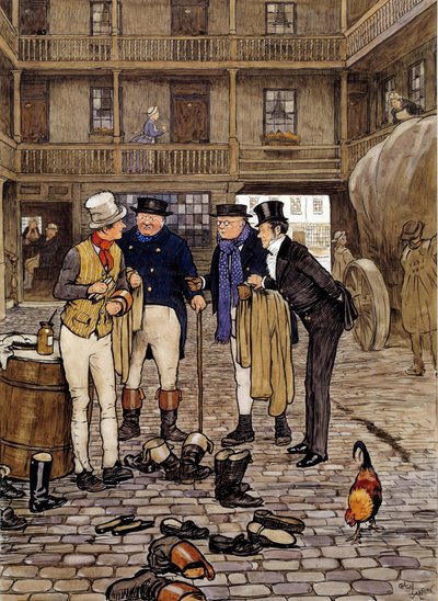 Medlemmer av Pickwick-klubben møter Sam Willer. Illustrasjon av verkene til Charles Dickens (1812–1870) fra den engelske skolen. Privat samling fra 1837. av English School