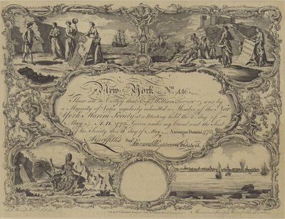 Medlemskapsbevis for New York Marine Society, 1773 av English School
