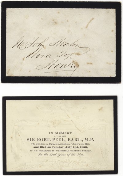 Minnekort til minne om avdøde Sir Robert Peel av English School