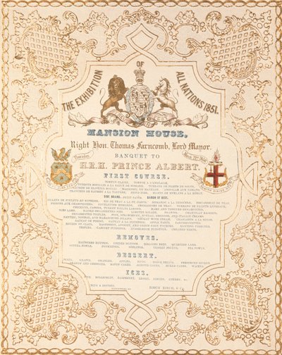 Meny med bankett for prins Albert i Mansion House, for å markere den store utstillingen for alle nasjoner, London, 1851 av English School