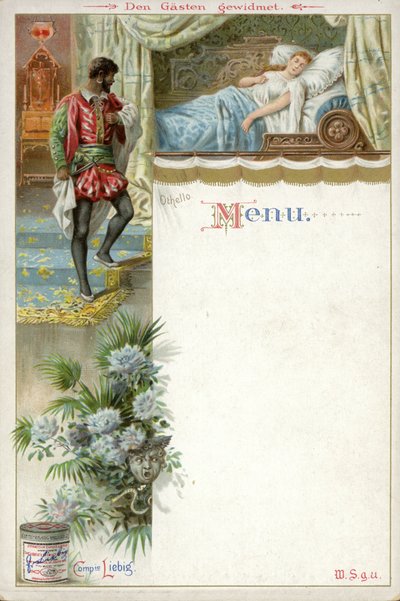 Meny med en scene fra Othello og en annonse for Liebigs Extract of Meat av English School