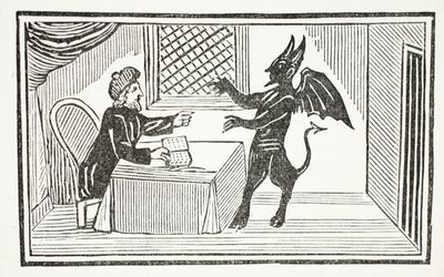 Mephistopheles kommer til Doctors house, illustrasjon fra Chap-books of the Eighteenth Century av John Ashton, pub. 1882 av English School
