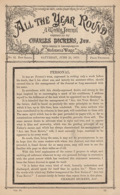 Melding fra Charles Dickens Junior i ukebladet All The Year Round, etter farens død av English School