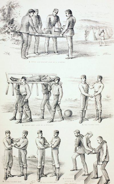 Metoder for å bære skadde personer, ca. 1890 av English School