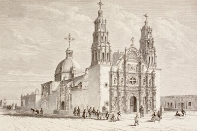 Metropolitan katedral i Plaza de Armas, Chihuahua, Mexico på det nittende århundre (litho) av English School