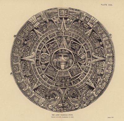 Mexico: Den aztekiske kalendersteinen (gravering) av English School
