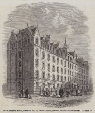 Model Lodging-Houses, Columbia-Square, Bethnal-Green, reist av frøken Burdett Coutts (gravering) av English School