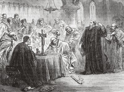 Mollio kaster ned fakkelen før inkvisisjonen, illustrasjon fra The History of Protestantism av James Aitken Wylie (1808-1890), pub. 1878 av English School