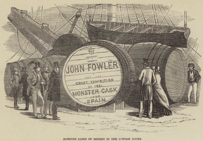 Monsterfat av Sherry i London Docks (gravering) av English School