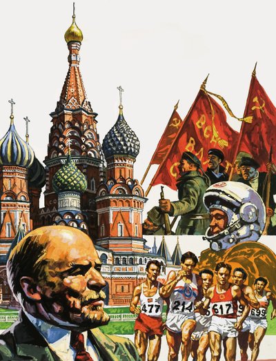 Montasje av Russland inkludert katedralen St Basil den saligkårede og portrett av Lenin av English School