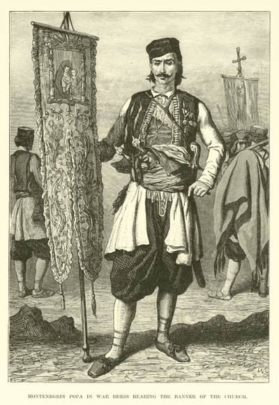 Montenegrinske Popa i krigskjole med kirkens banner av English School