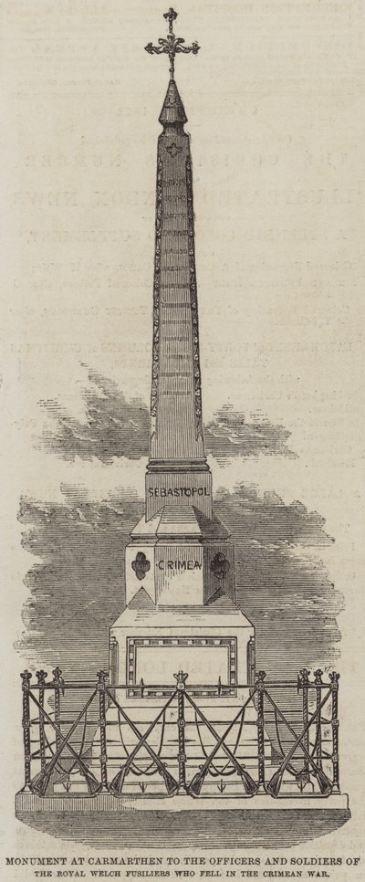 Monument ved Carmarthen til offiserene og soldatene til Royal Welch Fusiliers som falt i Krim-krigen (gravering) av English School
