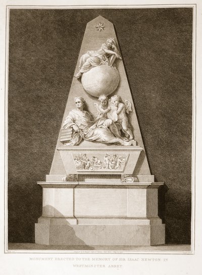 Monument reist til minne om Sir Isaac Newton i Westminster Abbey, illustrasjon fra David Humes The History of England, pub. av R. Bowyer, London, 1812 av English School