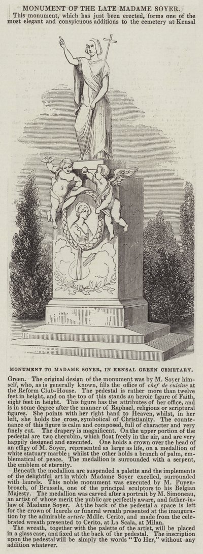 Monument til Madame Soyer, på Kensal Green Cemetery (gravering) av English School