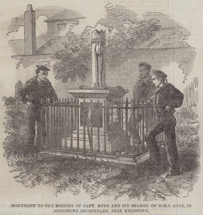 Denkmal für Captain Boyd und sechs Seeleute der HMS Ajax im Kirchhof von Monkstown, nahe Kingstown (Stich) von English School