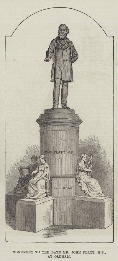 Monument til avdøde John Platt, MP, ved Oldham (gravering) av English School
