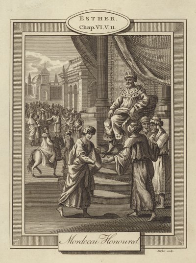 Mordekai æret, Esther, kapittel VI, vers 11 (gravering) av English School