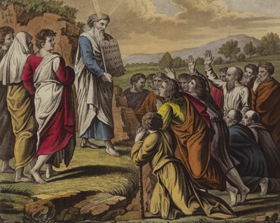 Moses leverer de ti bud (farge litho) av English School