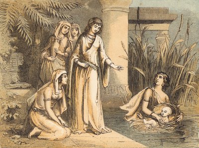 Moses in the Bulrushes (farget gravering) av English School