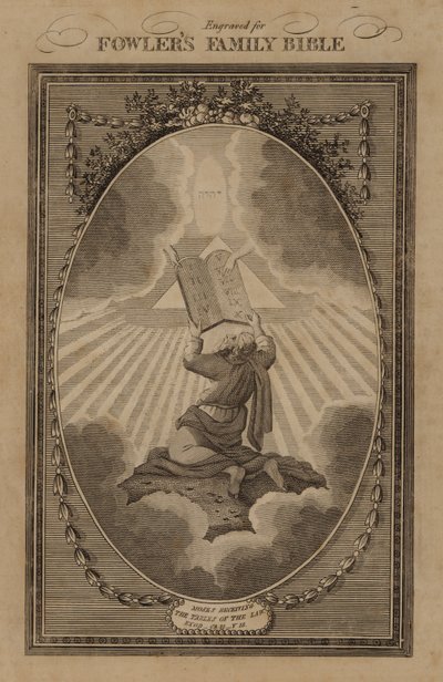 Moses mottar lovens tabeller, Exodus, kapittel 31, vers 18 (gravering) av English School