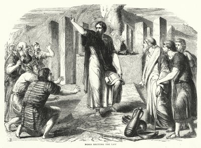 Moses resiterer loven (gravering) av English School