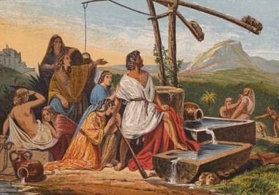 Moses redder døtrene til Jethro (farge litho) av English School