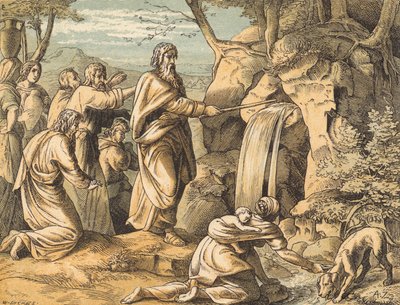 Moses slår klippen (farget gravering) av English School