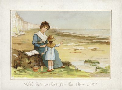 Mor og barn på stranden - nyttårskort av English School