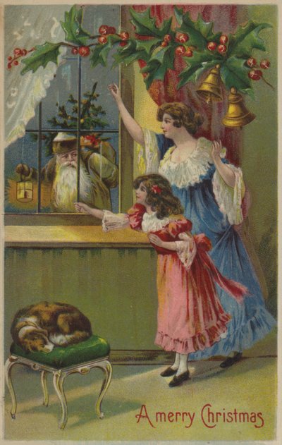 Mor og datter vinker til julenissen (chromolitho) av English School