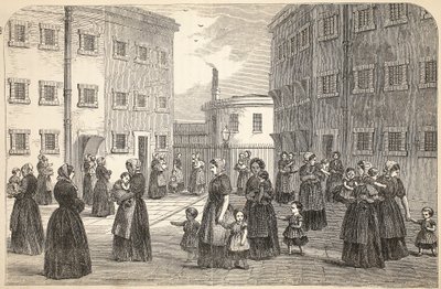 Mødre, med barna sine, trener i Tothill Fields Prison, illustrasjon fra The Criminal Prisons of London og Scenes from Prison Life av Henry Mayhew og John Binny, pub. 1862 av English School
