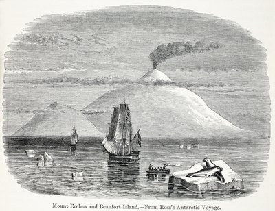 Mount Erebus og Beaufort Island fra Rosss Antarctic Voyage av English School