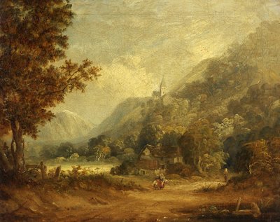 Fjellscene med kirke og gård (olje på lerret) av English School