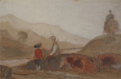 Fjelllandskap med figur ved en innsjø (En mann som sitter ved en innsjø midt i fjellene), tidligere tilskrevet JMW Turner (1775-1851) og også tilskrevet Peter de Wint (1784-1849), 1825-30 (olje) av English School