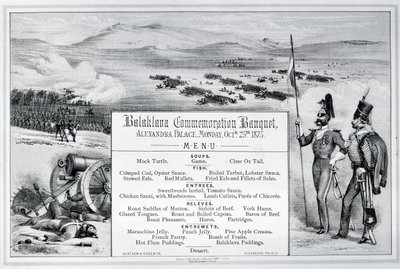 Montert illustrert meny for Balaklava minnesbanketten holdt på Alexandra Palace, 25. oktober 1875 (gravering) av English School