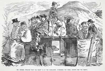 Mr. Briggs, som føler at hjertet hans er i høylandet, på jakt etter hjorten, starter mot nord, illustrasjon fra Punch av English School