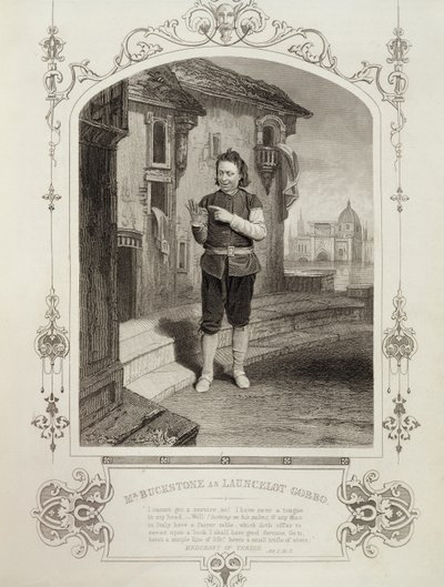 Mr Buckstone som Lancelot Gobbo, Act II Scene 2, i The Merchant of Venice av William Shakespeare (1564-1616) av English School